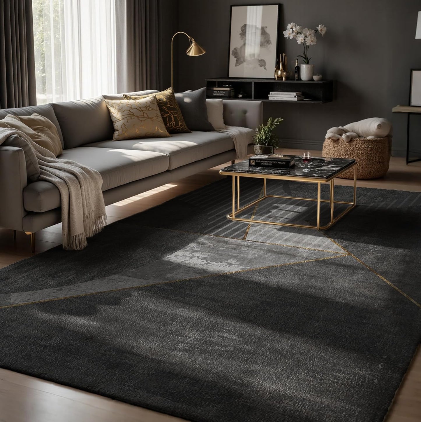 Gothic Spider & Fangs Area Rug 8x10 - Black Luxury Carpet with Intricate Web and Skull Designs, Soft Machine Washable Non-Slip Rug for Dark Academia, Vampire Themed Bedroom, Living Room.
