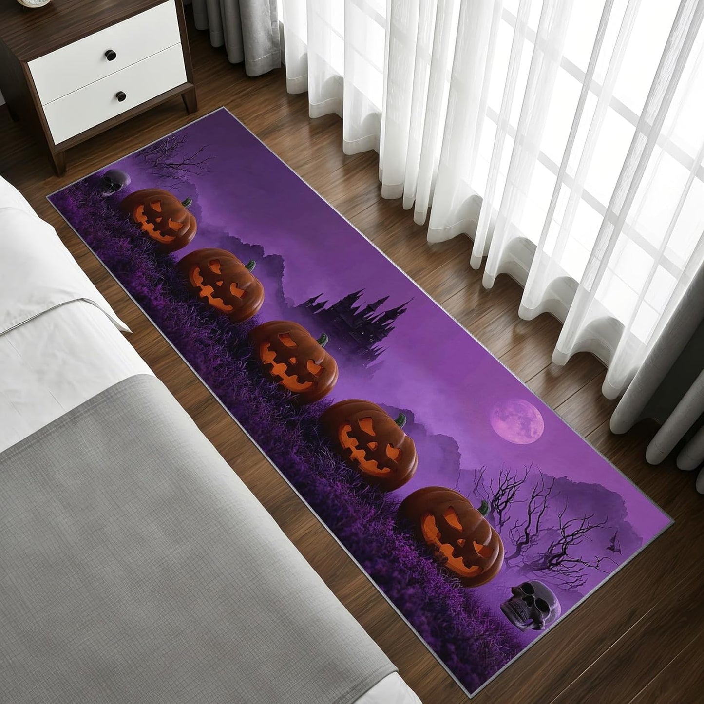 Halloween Rug Runner 4x10 - Washable Non Slip Runner Rug for Hallway - Spooky Pumpkin Castle Kitchen Rugs - Gothic Horror Skull Carpet Runners for Hallway, Laundry Room, Bedroom, Bathroom