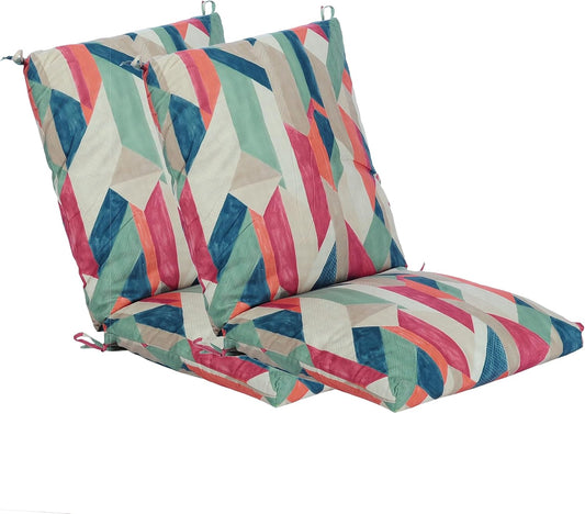 Set of 2 Outdoor Dining Chair Cushions, Patio Seating Cushions, 38x18x4.5 inch, for Garden Patio Furniture (Red-Green Geometry)