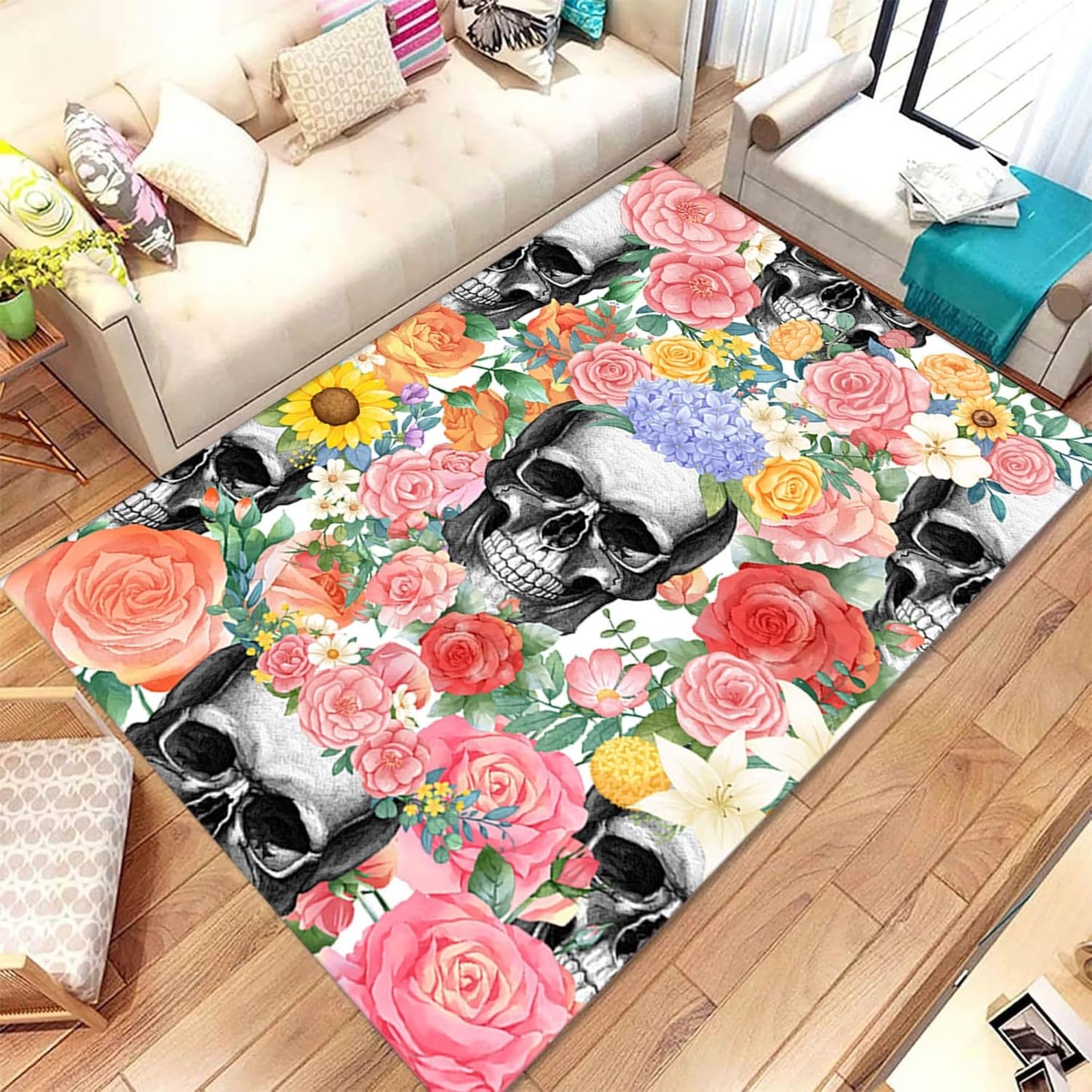 Gothic Skull Area Rug 5x8ft Non-Slip Beige Skeleton Horror Rug Orange Pumpkin Head Unique Rugs Washable Rubber Backed Rugs Halloween Themed Floor Carpet for Living Room Bedroom