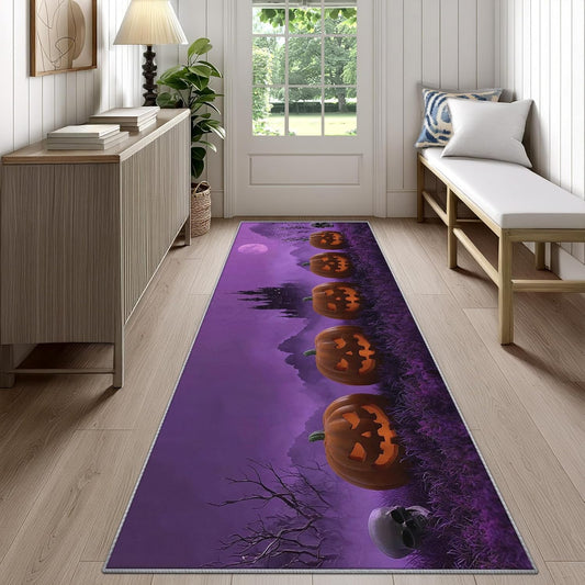 Halloween Rug Runner 4x10 - Washable Non Slip Runner Rug for Hallway - Spooky Pumpkin Castle Kitchen Rugs - Gothic Horror Skull Carpet Runners for Hallway, Laundry Room, Bedroom, Bathroom