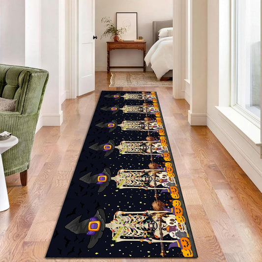 Fouiunle Gothic Skull Runner Rug 4x12ft Non-Slip Beige Skeleton Horror Rug Pumpkin Head Design Kitchen Rug Washable Rubber Backed Rugs Halloween Themed Floor Carpet for Entryway Runner Rug