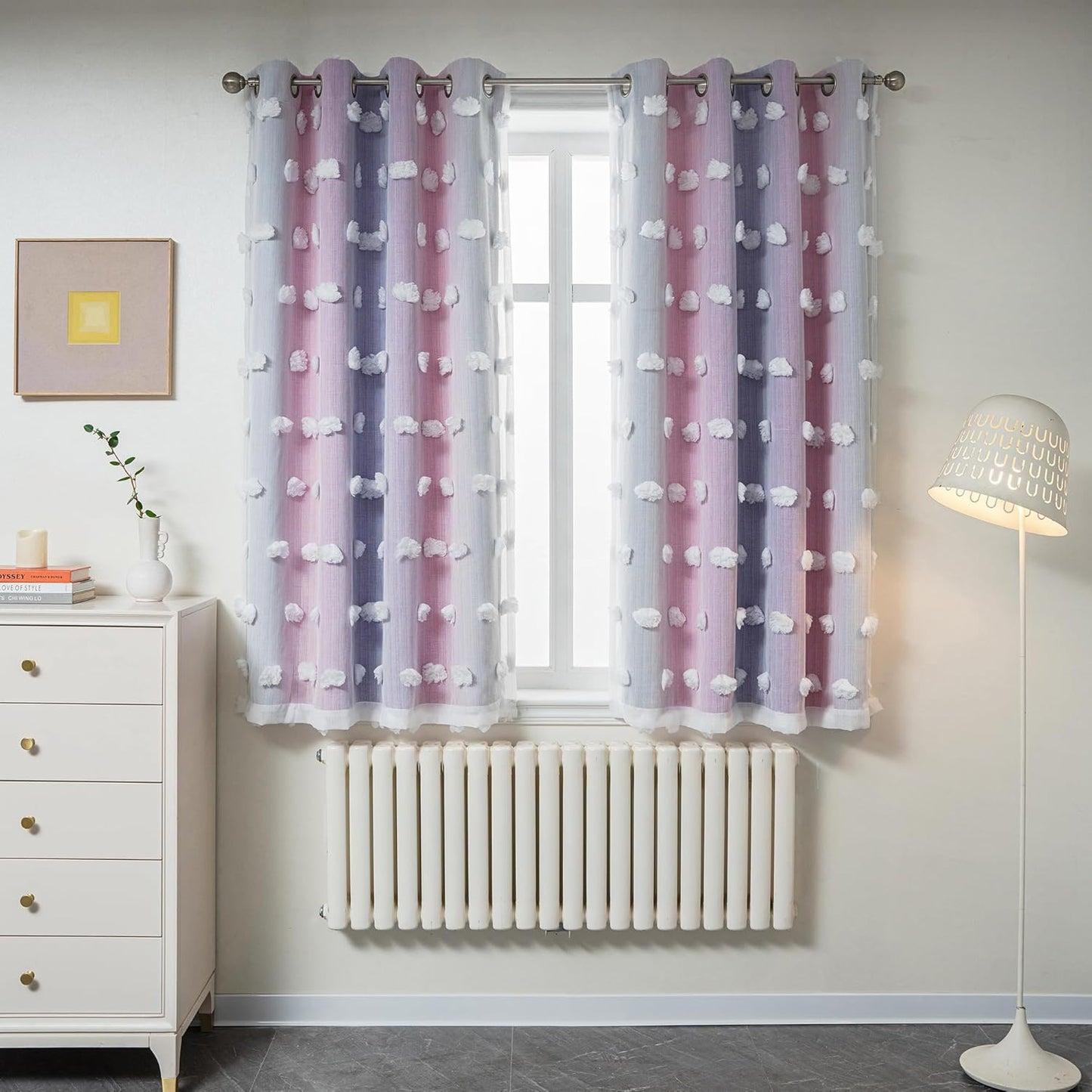 MYSKY HOME Rainbow Curtains for Bedroom 90 Inches Long Living Room Curtains Pom Pom Sheer Curtains for Dining Room Grommet Double Layer Nursery Curtains Toddler Room Darkening Window Panels 52" x 90"