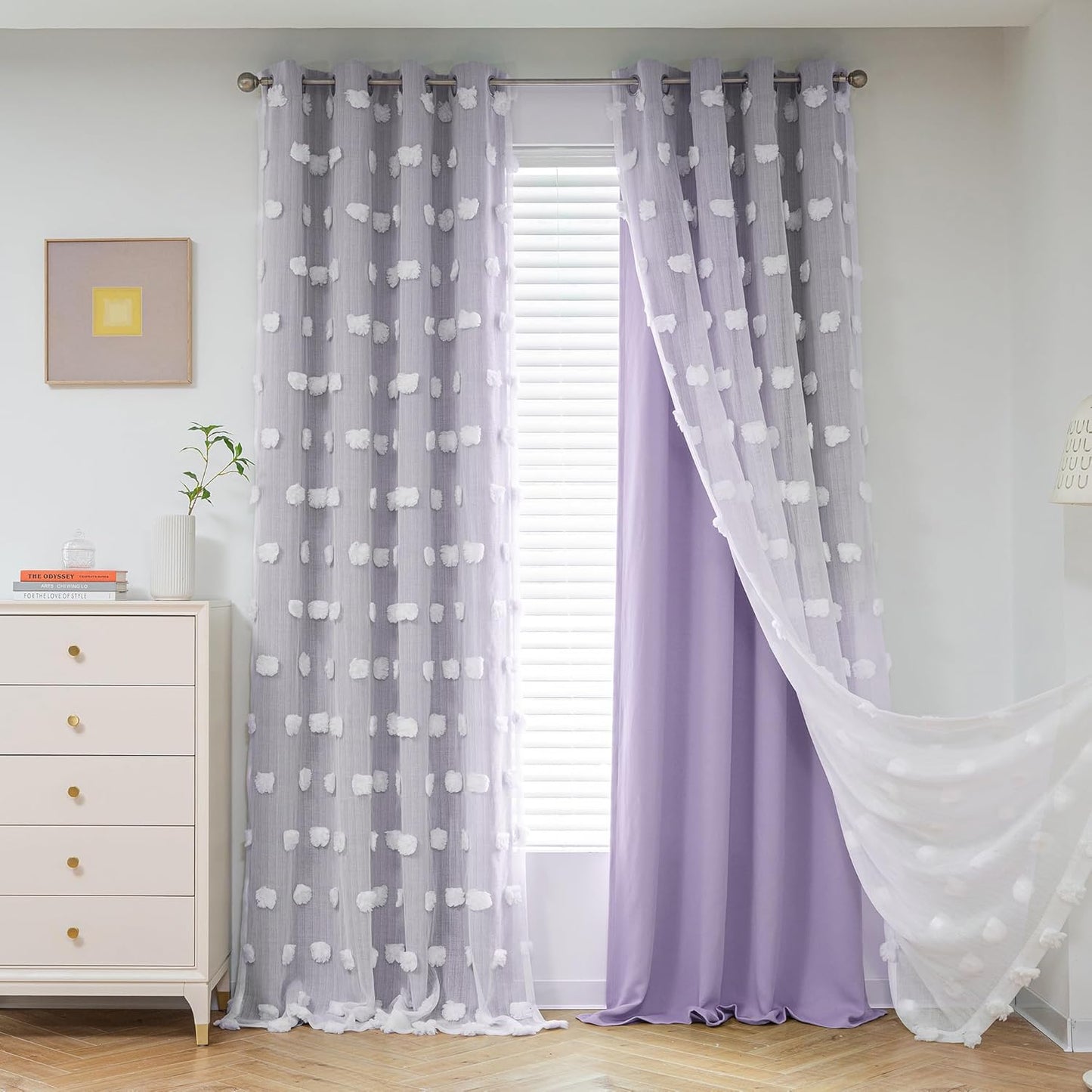 MYSKY HOME Rainbow Curtains for Bedroom 90 Inches Long Living Room Curtains Pom Pom Sheer Curtains for Dining Room Grommet Double Layer Nursery Curtains Toddler Room Darkening Window Panels 52" x 90"