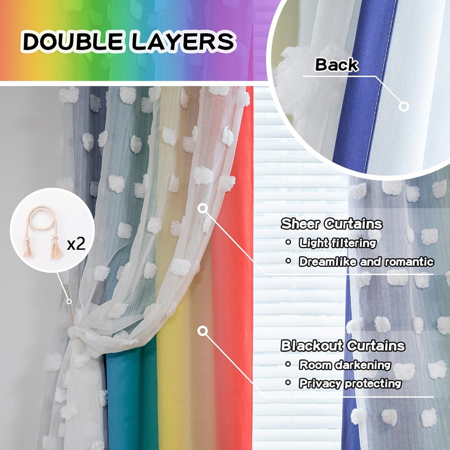 MYSKY HOME Rainbow Curtains for Bedroom 90 Inches Long Living Room Curtains Pom Pom Sheer Curtains for Dining Room Grommet Double Layer Nursery Curtains Toddler Room Darkening Window Panels 52" x 90"