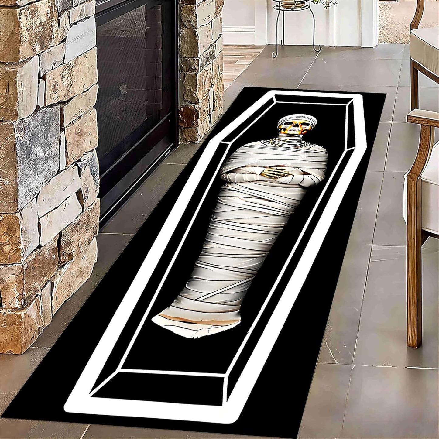 Kitchen Decorative Carpet, 4x12ft Halloween Themed Area Rugs, Black Washable Skull Carpet, Funny Gothic Hallway Non Slip Rug for Living Room Sofa Bedroom Kids Room Horror Floor Mat