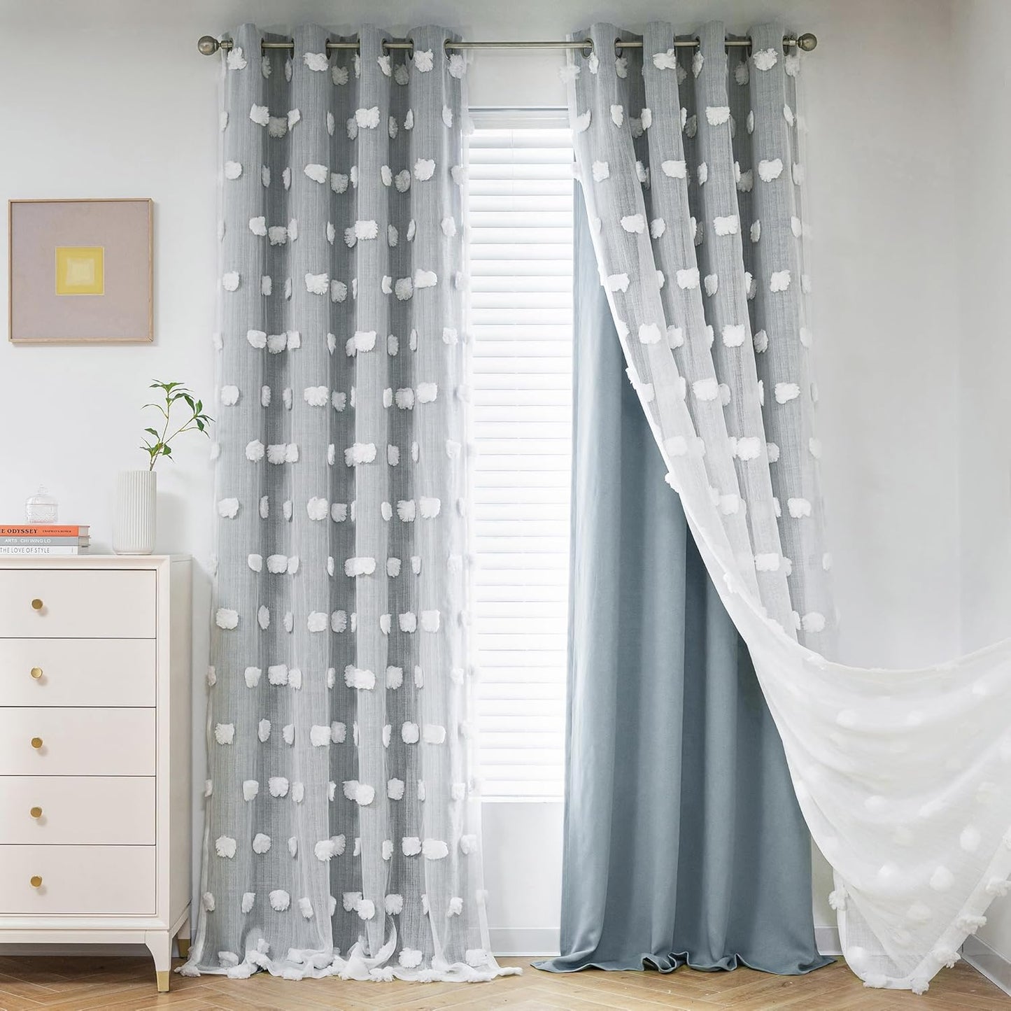 MYSKY HOME Rainbow Curtains for Bedroom 90 Inches Long Living Room Curtains Pom Pom Sheer Curtains for Dining Room Grommet Double Layer Nursery Curtains Toddler Room Darkening Window Panels 52" x 90"
