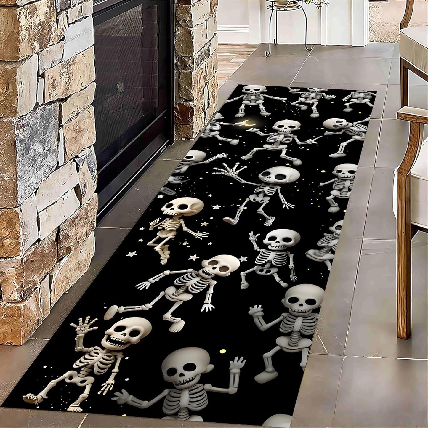Kitchen Decorative Carpet, 4x12ft Halloween Themed Area Rugs, Black Washable Skull Carpet, Funny Gothic Hallway Non Slip Rug for Living Room Sofa Bedroom Kids Room Horror Floor Mat