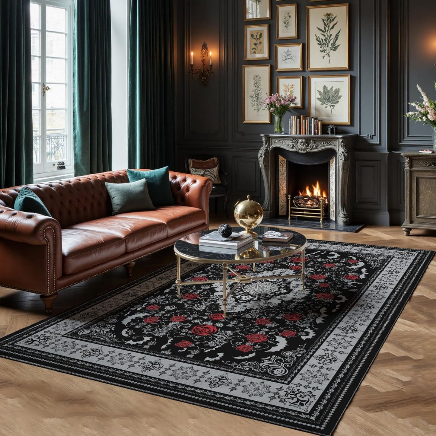 Gothic Spider & Fangs Area Rug 8x10 - Black Luxury Carpet with Intricate Web and Skull Designs, Soft Machine Washable Non-Slip Rug for Dark Academia, Vampire Themed Bedroom, Living Room.