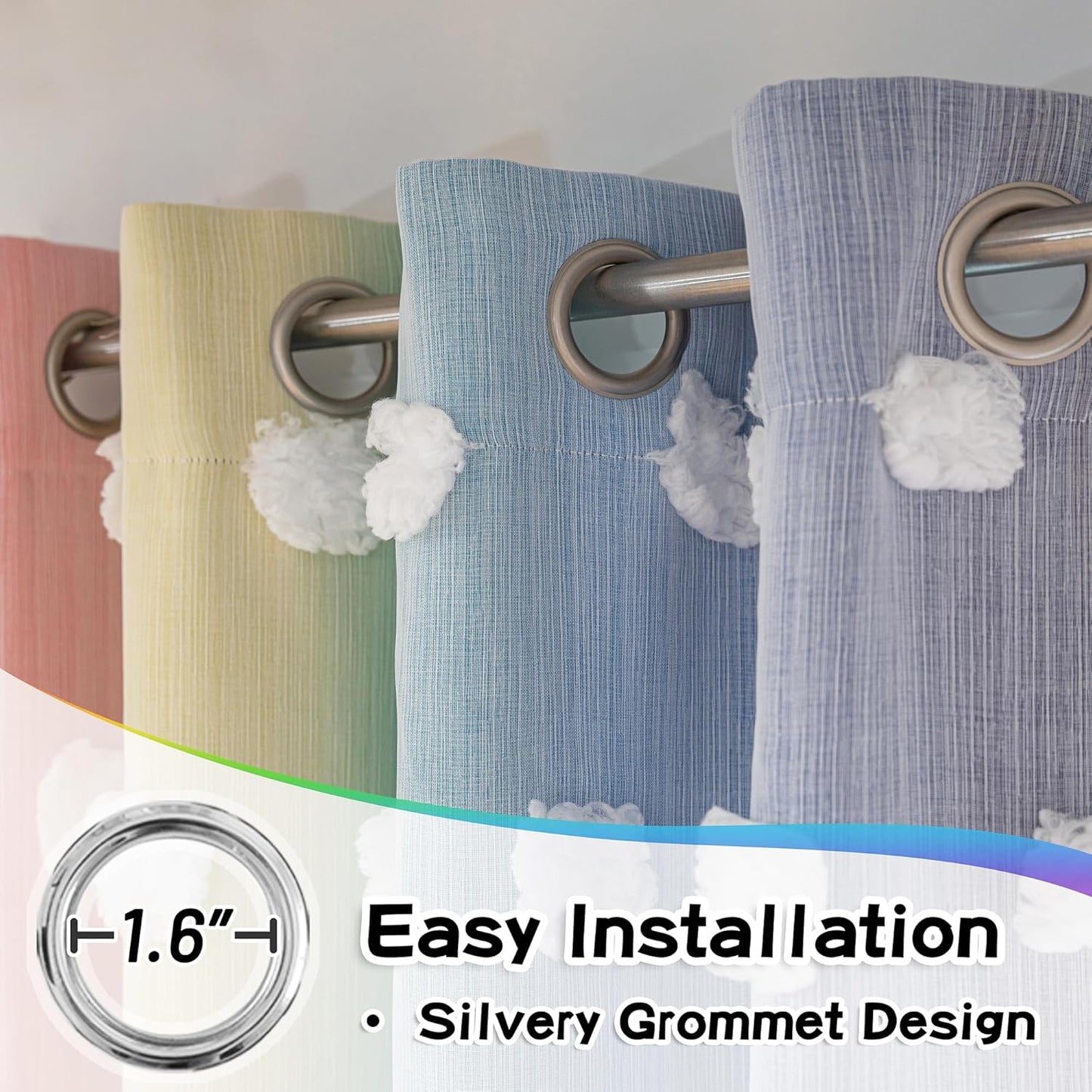 MYSKY HOME Rainbow Curtains for Bedroom 90 Inches Long Living Room Curtains Pom Pom Sheer Curtains for Dining Room Grommet Double Layer Nursery Curtains Toddler Room Darkening Window Panels 52" x 90"