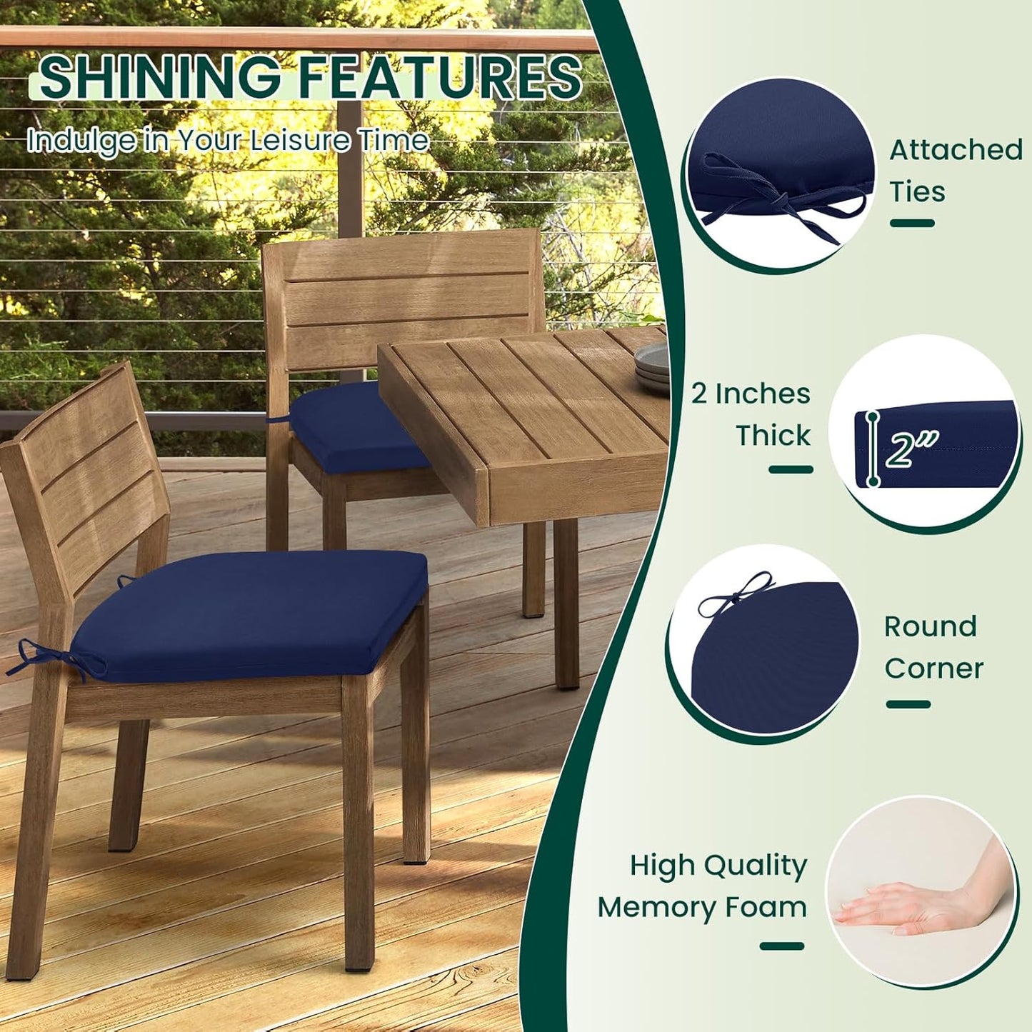HARBOREST Outdoor Chair Cushions Set of 4, Water Resistant Patio Chair Cushions with Ties, Outdoor Seat Cushions for Patio Furniture, 17"x16"x2", Navy