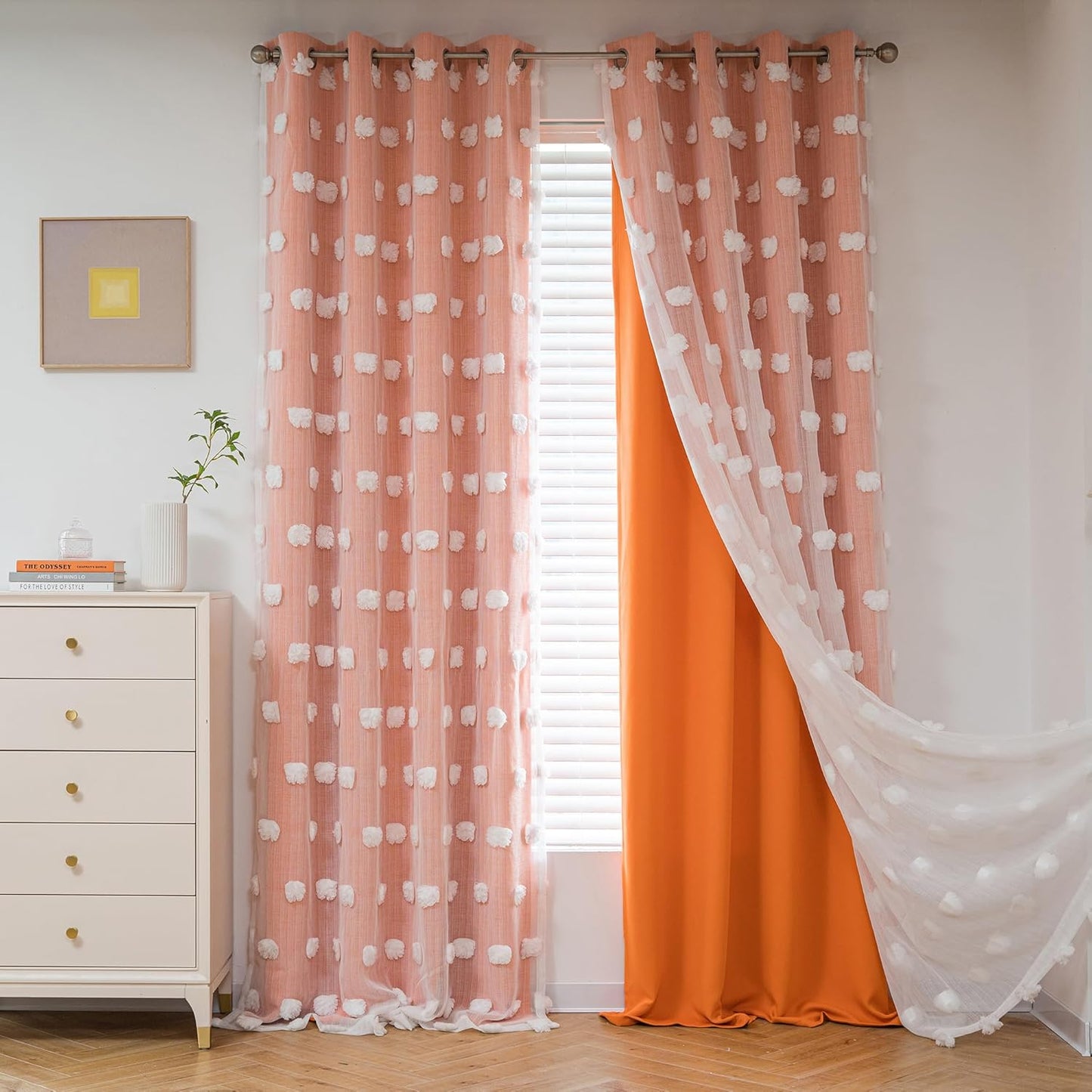 MYSKY HOME Rainbow Curtains for Bedroom 90 Inches Long Living Room Curtains Pom Pom Sheer Curtains for Dining Room Grommet Double Layer Nursery Curtains Toddler Room Darkening Window Panels 52" x 90"