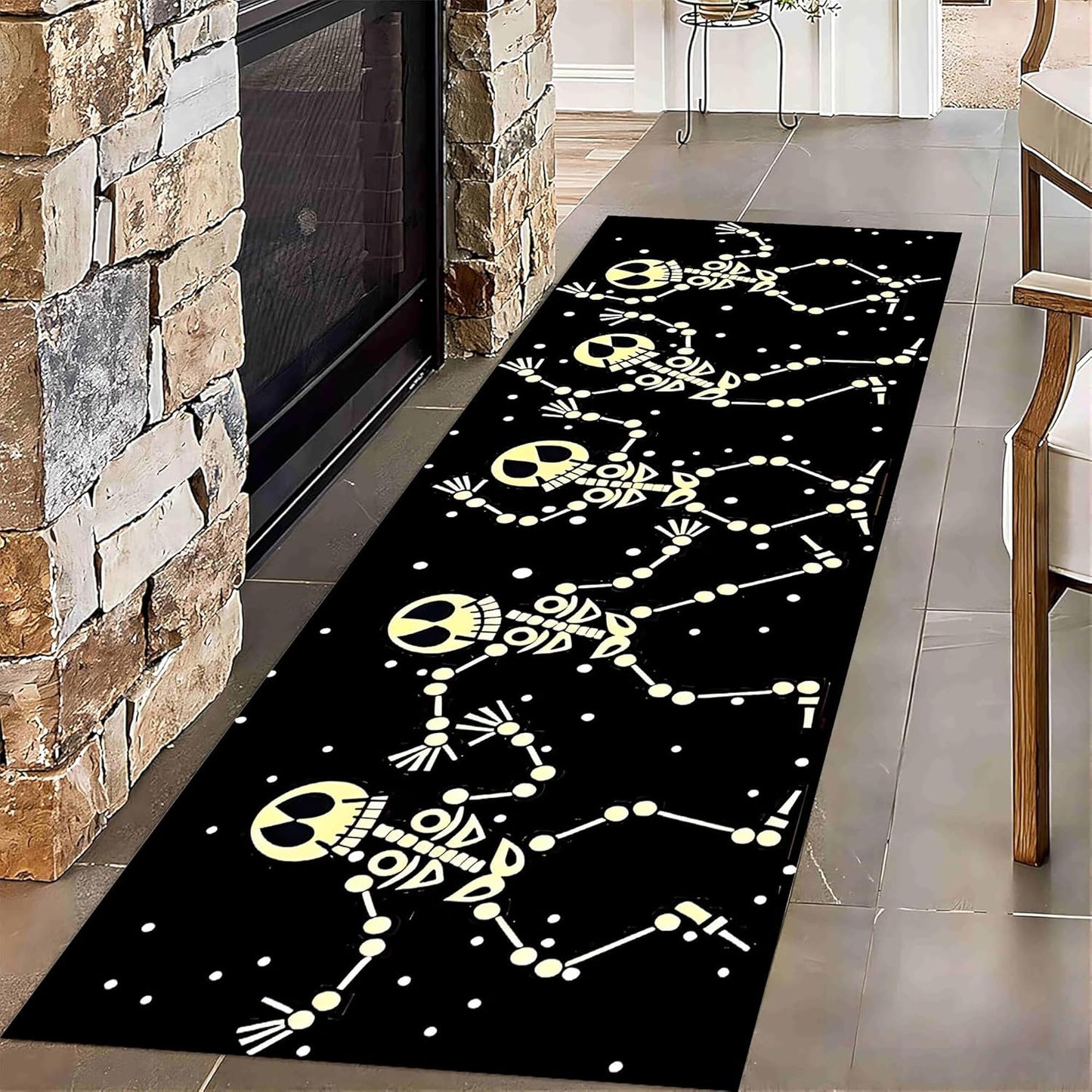 Kitchen Decorative Carpet, 4x12ft Halloween Themed Area Rugs, Black Washable Skull Carpet, Funny Gothic Hallway Non Slip Rug for Living Room Sofa Bedroom Kids Room Horror Floor Mat