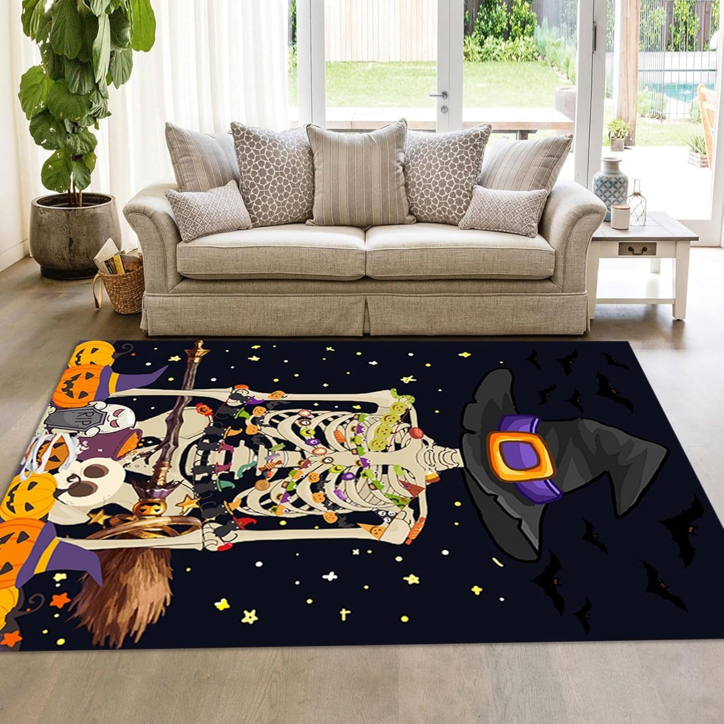 Gothic Skull Area Rug 5x8ft Non-Slip Beige Skeleton Horror Rug Orange Pumpkin Head Unique Rugs Washable Rubber Backed Rugs Halloween Themed Floor Carpet for Living Room Bedroom