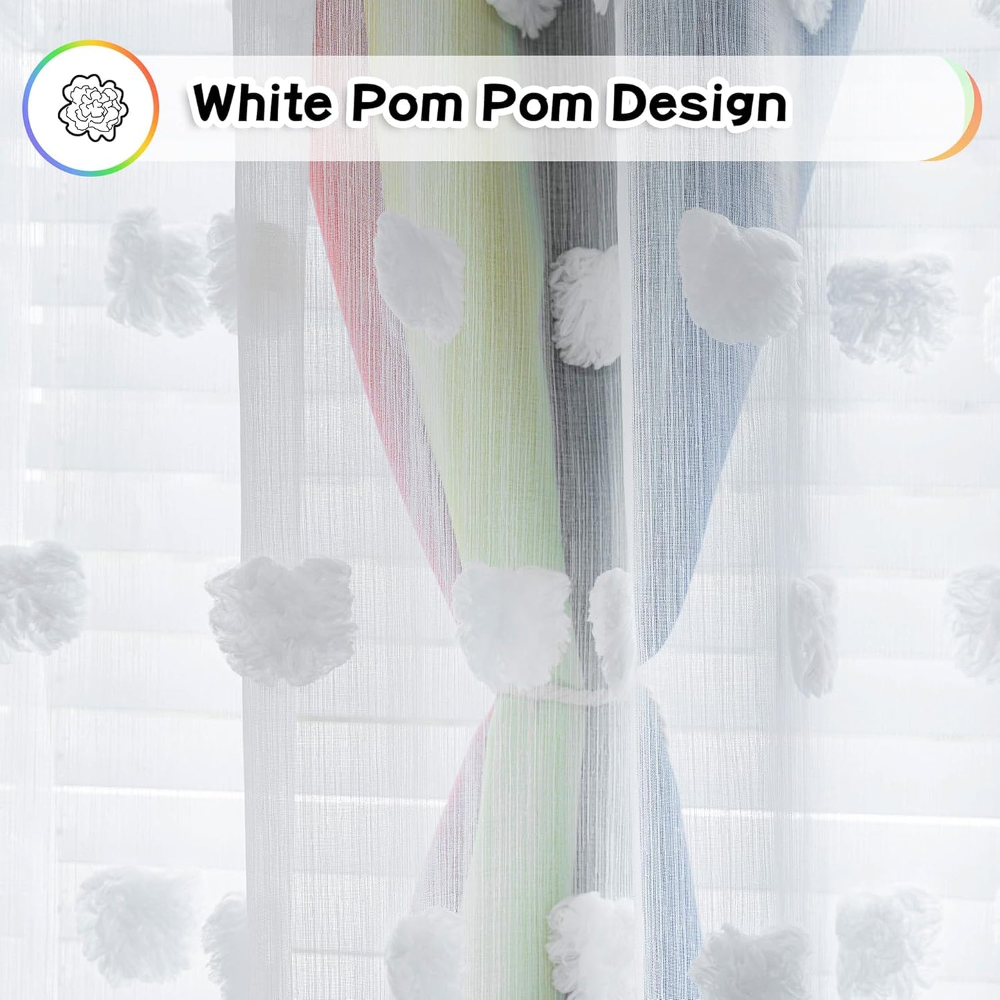 MYSKY HOME Rainbow Curtains for Bedroom 90 Inches Long Living Room Curtains Pom Pom Sheer Curtains for Dining Room Grommet Double Layer Nursery Curtains Toddler Room Darkening Window Panels 52" x 90"