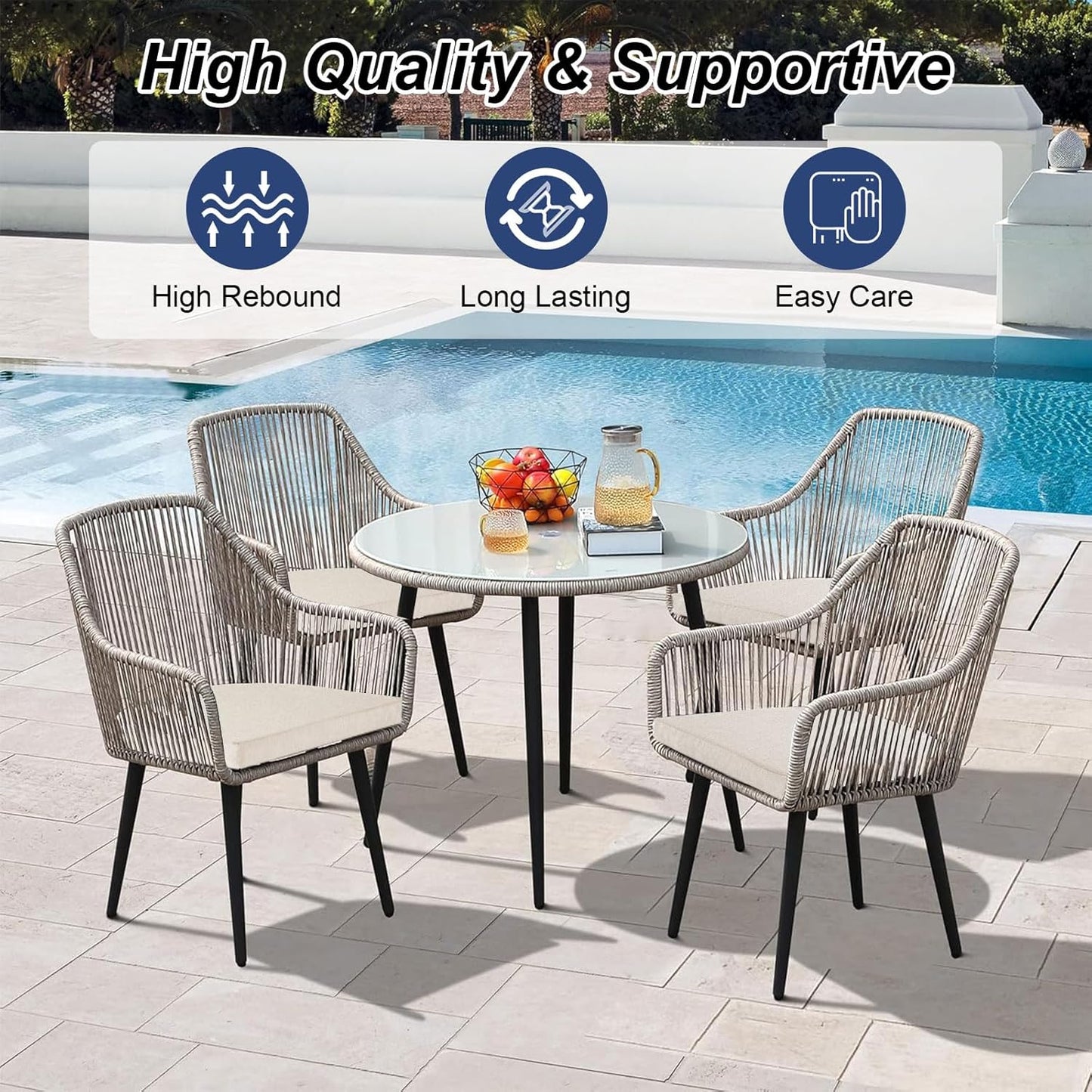 Topotdor Outdoor Chair Cushions Set of 2, Waterproof Patio Chair Cushions for Outdoor Furniture, Round Corner Seat Chair Pads with Ties for Patio Garden Dining Office, 17"x16"x2", Beige