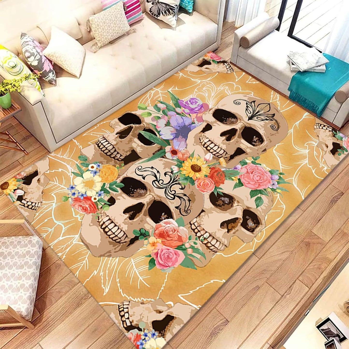 Gothic Skull Area Rug 5x8ft Non-Slip Beige Skeleton Horror Rug Orange Pumpkin Head Unique Rugs Washable Rubber Backed Rugs Halloween Themed Floor Carpet for Living Room Bedroom
