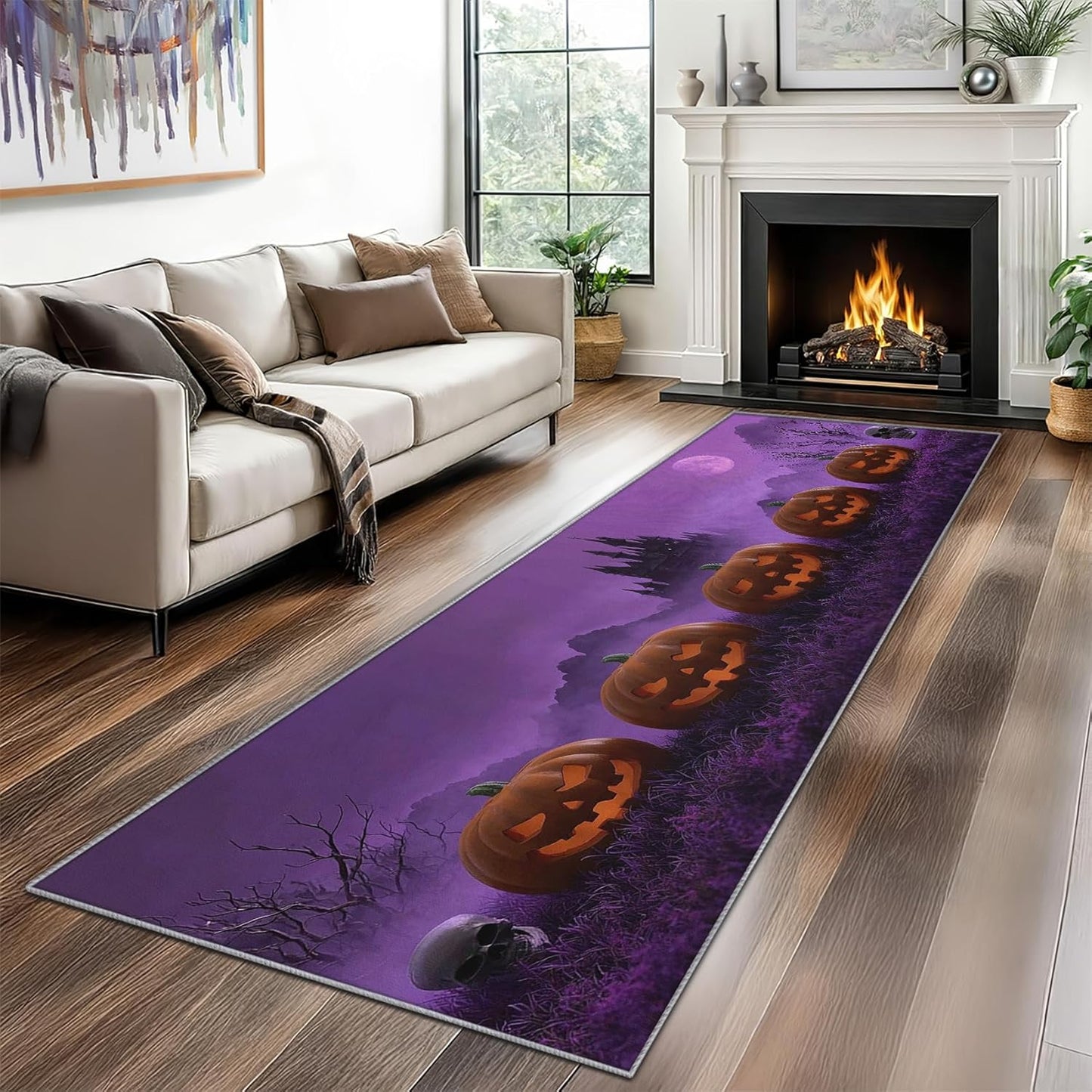 Halloween Rug Runner 4x10 - Washable Non Slip Runner Rug for Hallway - Spooky Pumpkin Castle Kitchen Rugs - Gothic Horror Skull Carpet Runners for Hallway, Laundry Room, Bedroom, Bathroom