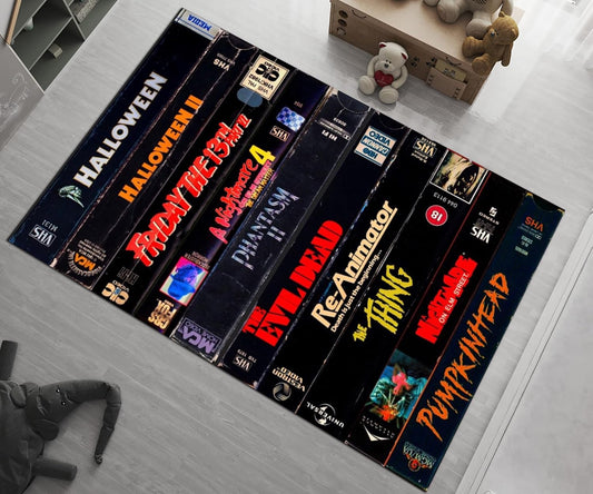 Halloween Movies Rug, VHS Case Themed Horror Movie Room, 80's Nostalgic Design Carpet, Nostalgic Retro Style, Home Theater TV Room, ws322 (39X63inch//100x160Cm)