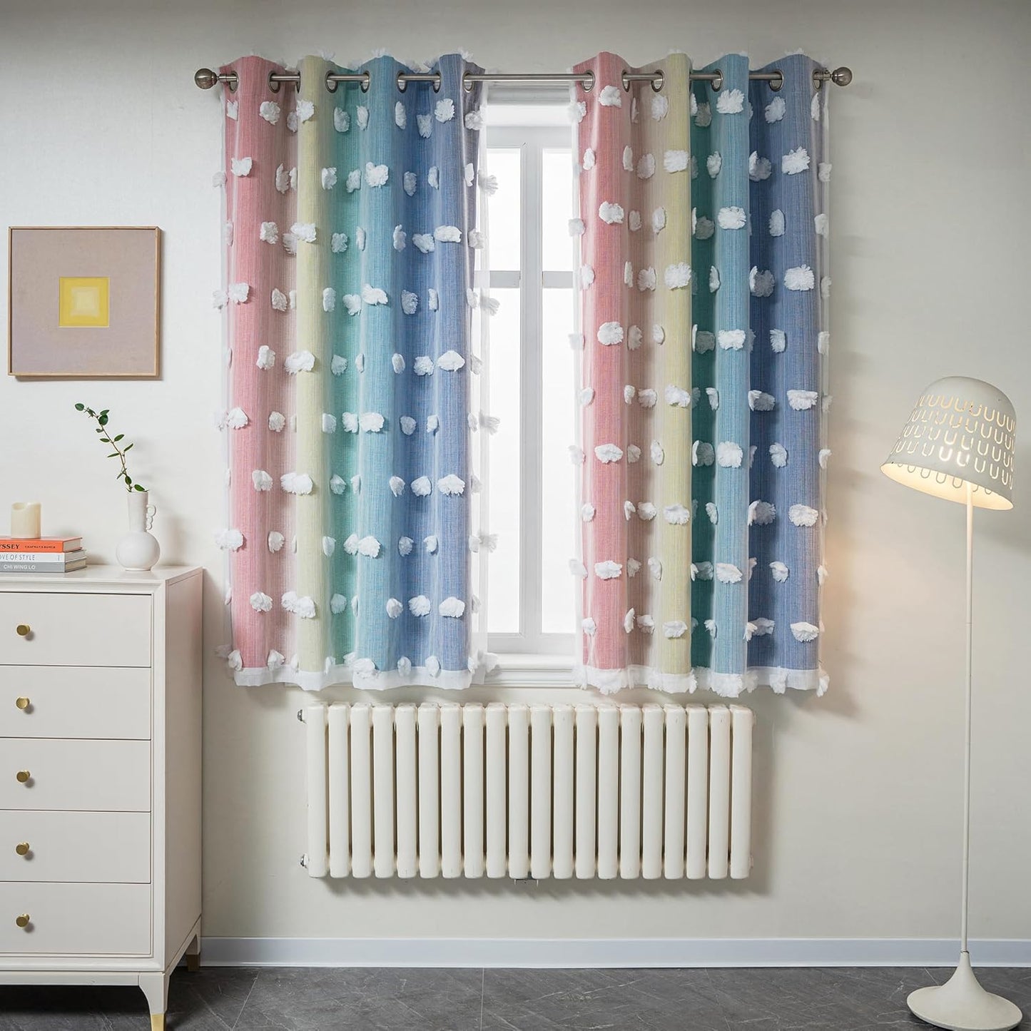 MYSKY HOME Rainbow Curtains for Bedroom 90 Inches Long Living Room Curtains Pom Pom Sheer Curtains for Dining Room Grommet Double Layer Nursery Curtains Toddler Room Darkening Window Panels 52" x 90"