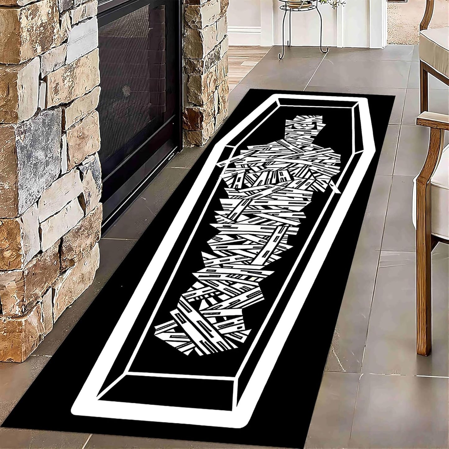 Kitchen Decorative Carpet, 4x12ft Halloween Themed Area Rugs, Black Washable Skull Carpet, Funny Gothic Hallway Non Slip Rug for Living Room Sofa Bedroom Kids Room Horror Floor Mat