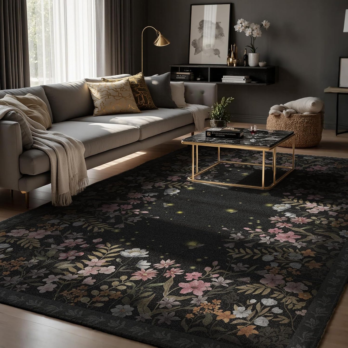 Gothic Spider & Fangs Area Rug 8x10 - Black Luxury Carpet with Intricate Web and Skull Designs, Soft Machine Washable Non-Slip Rug for Dark Academia, Vampire Themed Bedroom, Living Room.