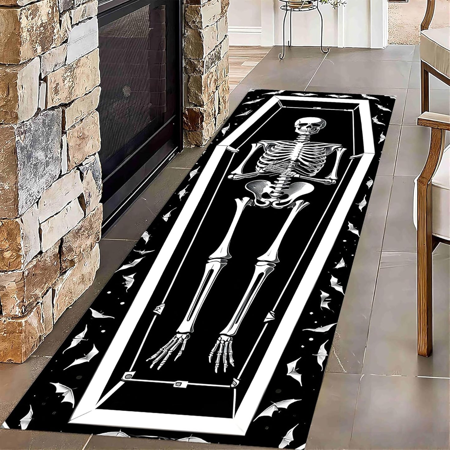 Kitchen Decorative Carpet, 4x12ft Halloween Themed Area Rugs, Black Washable Skull Carpet, Funny Gothic Hallway Non Slip Rug for Living Room Sofa Bedroom Kids Room Horror Floor Mat