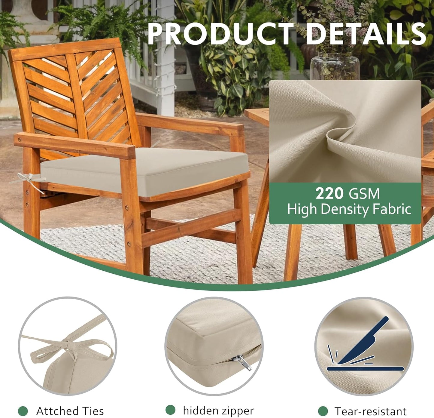 Outdoor Chair Cushions Set of 4: Waterproof & Fade Resistant Seat Cushion for Patio Furniture - 18.5 L x 16 W x 2 H Inch Chair Pads with Ties and Hidden Zipper - Patio Chair Cushion Replacement, Beige