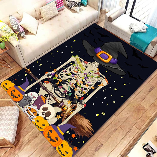 Gothic Skull Area Rug 5x8ft Non-Slip Beige Skeleton Horror Rug Orange Pumpkin Head Unique Rugs Washable Rubber Backed Rugs Halloween Themed Floor Carpet for Living Room Bedroom