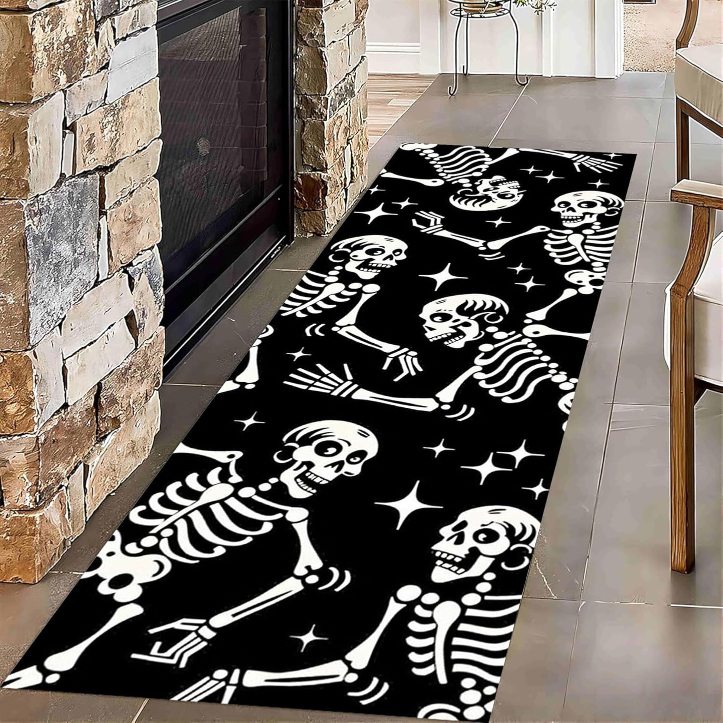 Kitchen Decorative Carpet, 4x12ft Halloween Themed Area Rugs, Black Washable Skull Carpet, Funny Gothic Hallway Non Slip Rug for Living Room Sofa Bedroom Kids Room Horror Floor Mat