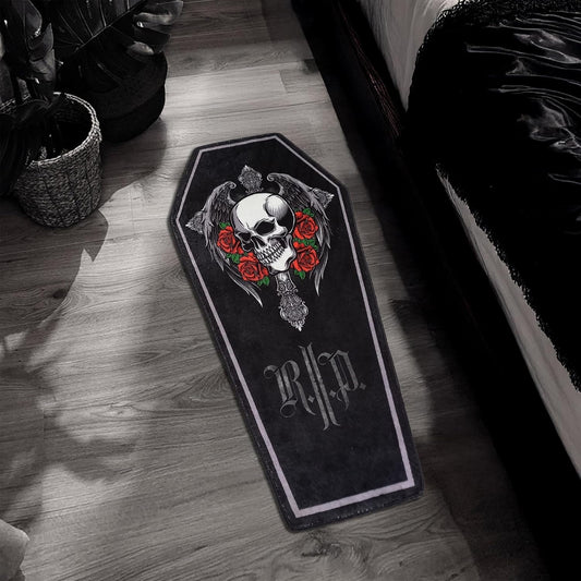 Black Coffin Rug with Skull Wings and Red Roses Horror Aesthetic Bedroom Mat Gothic Floor Carpet Decor for Halloween Dark Horror Themed Rooms 2.6x5.2
