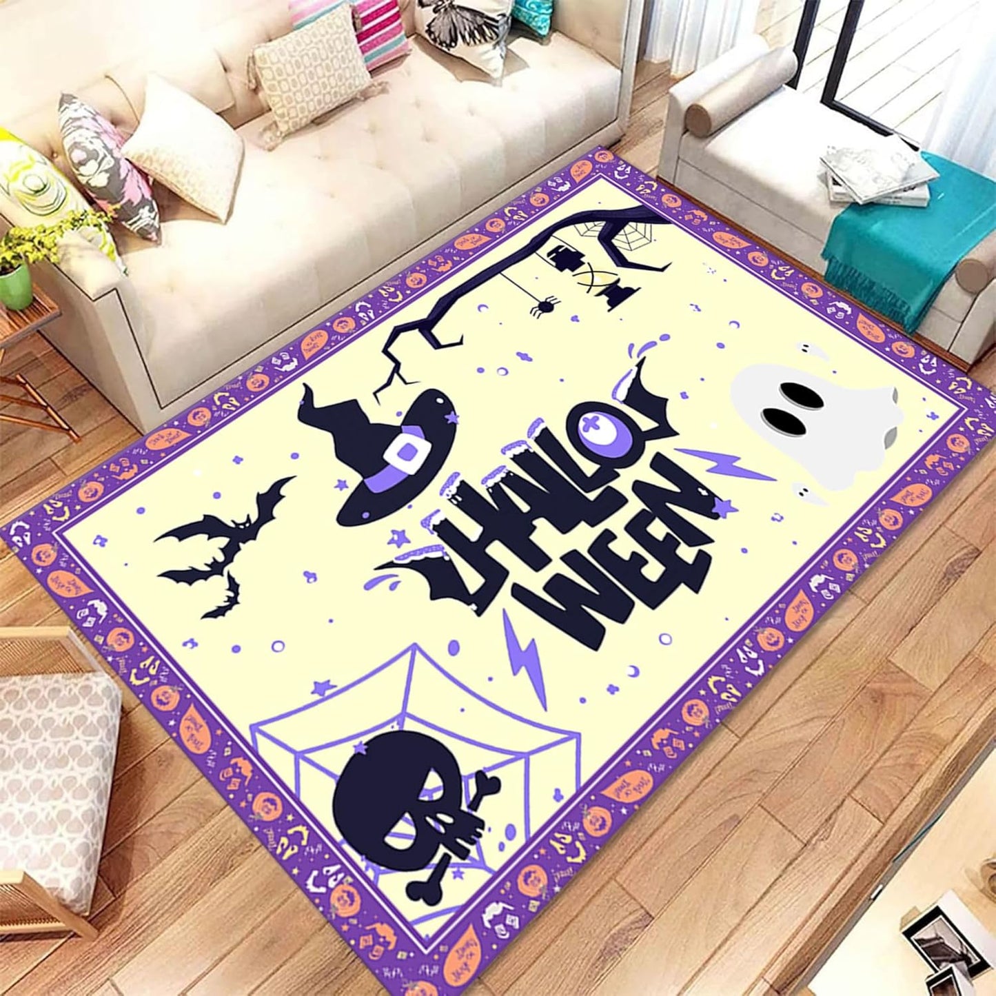 Gothic Skull Area Rug 5x8ft Non-Slip Beige Skeleton Horror Rug Orange Pumpkin Head Unique Rugs Washable Rubber Backed Rugs Halloween Themed Floor Carpet for Living Room Bedroom
