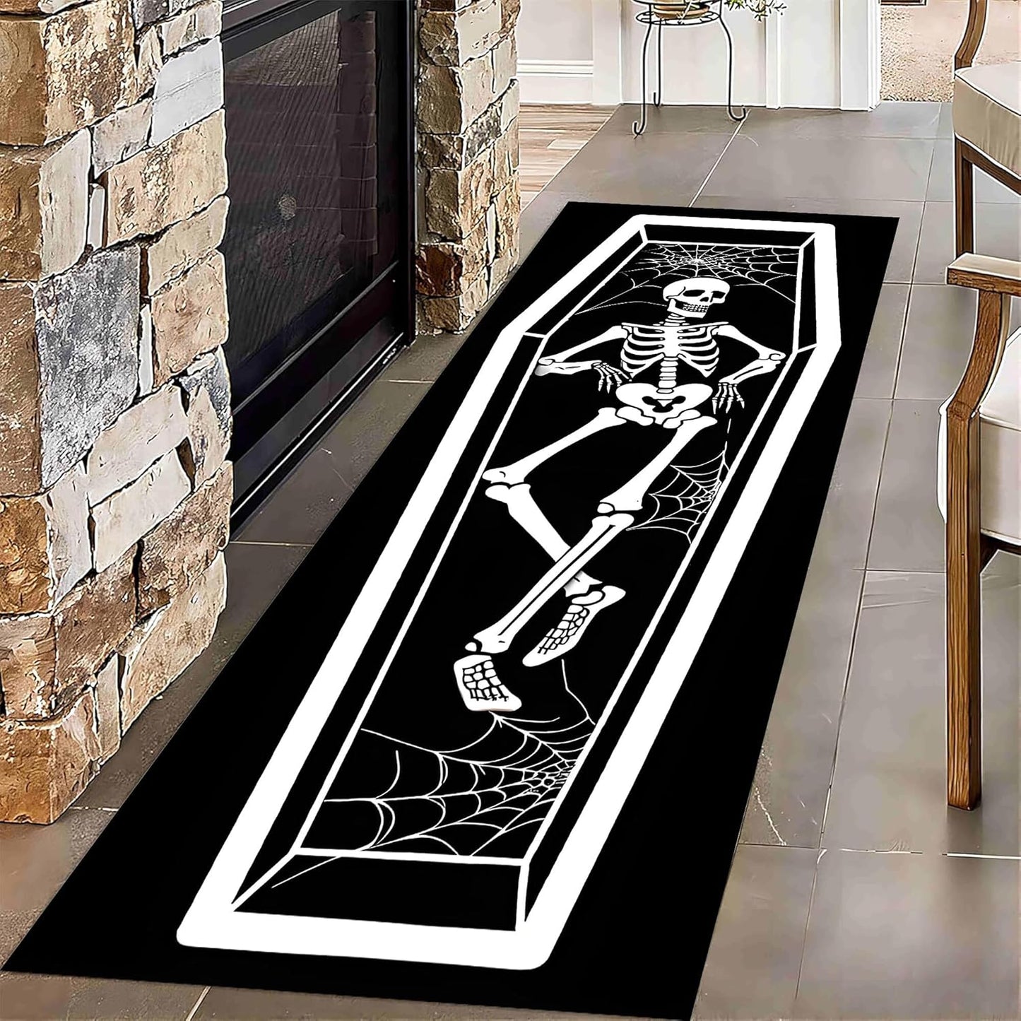 Kitchen Decorative Carpet, 4x12ft Halloween Themed Area Rugs, Black Washable Skull Carpet, Funny Gothic Hallway Non Slip Rug for Living Room Sofa Bedroom Kids Room Horror Floor Mat