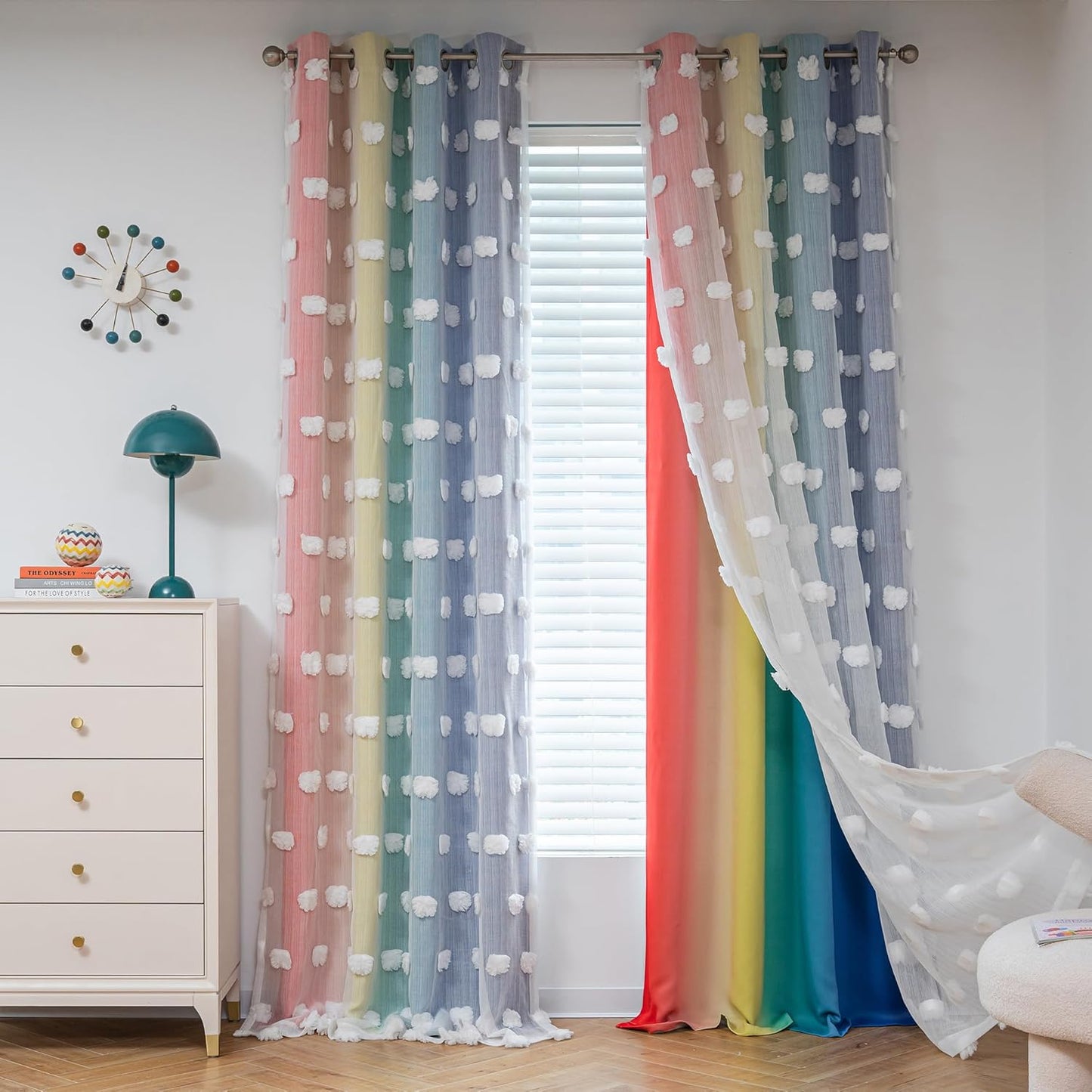MYSKY HOME Rainbow Curtains for Bedroom 90 Inches Long Living Room Curtains Pom Pom Sheer Curtains for Dining Room Grommet Double Layer Nursery Curtains Toddler Room Darkening Window Panels 52" x 90"