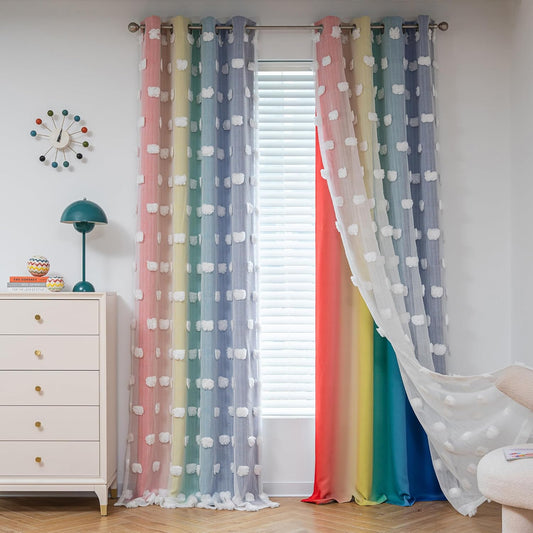 MYSKY HOME Rainbow Curtains for Bedroom 90 Inches Long Living Room Curtains Pom Pom Sheer Curtains for Dining Room Grommet Double Layer Nursery Curtains Toddler Room Darkening Window Panels 52" x 90"