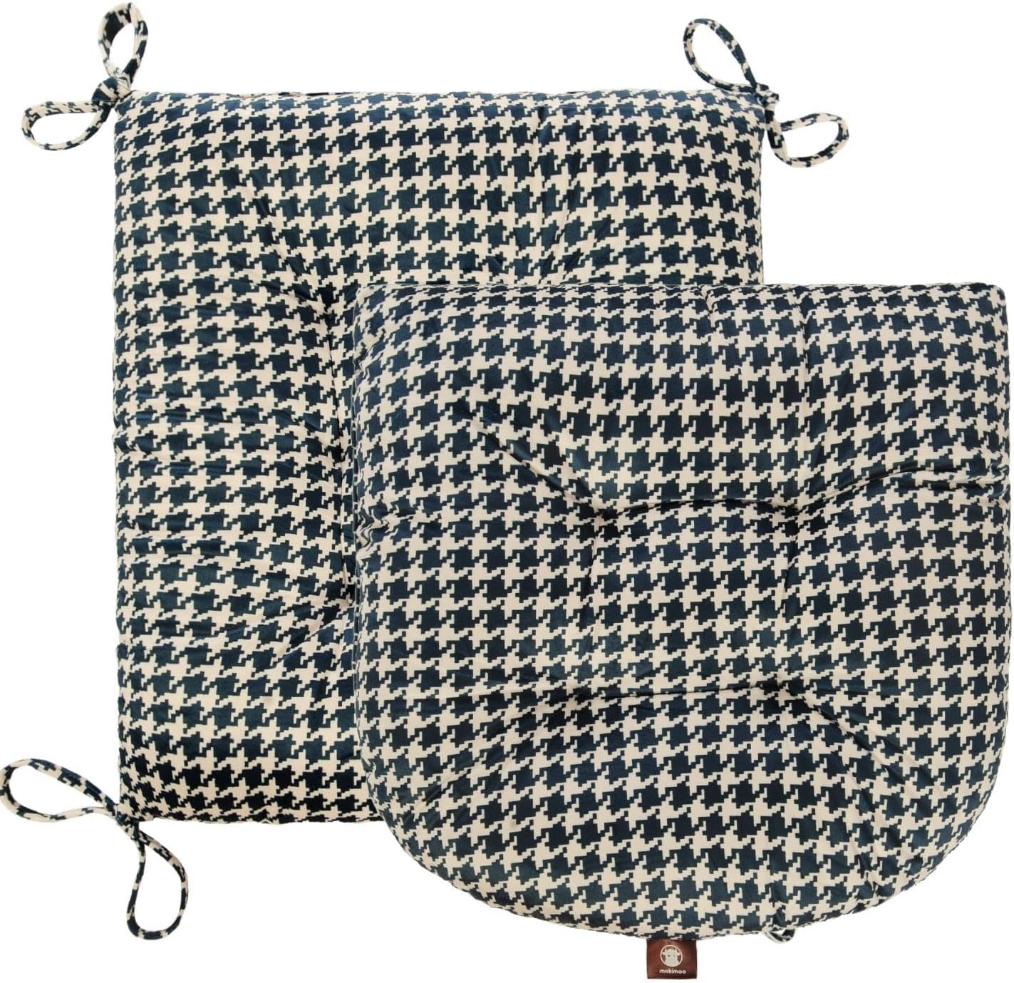Outdoor Patio Cushion, Rocking Chair Cushion, Tufted Pads, Set of Upper and Lower with Ties Pack of 2 (2 Sets) - Back 20"×17", Seat 17"×17" (Blue Houndstooth)
