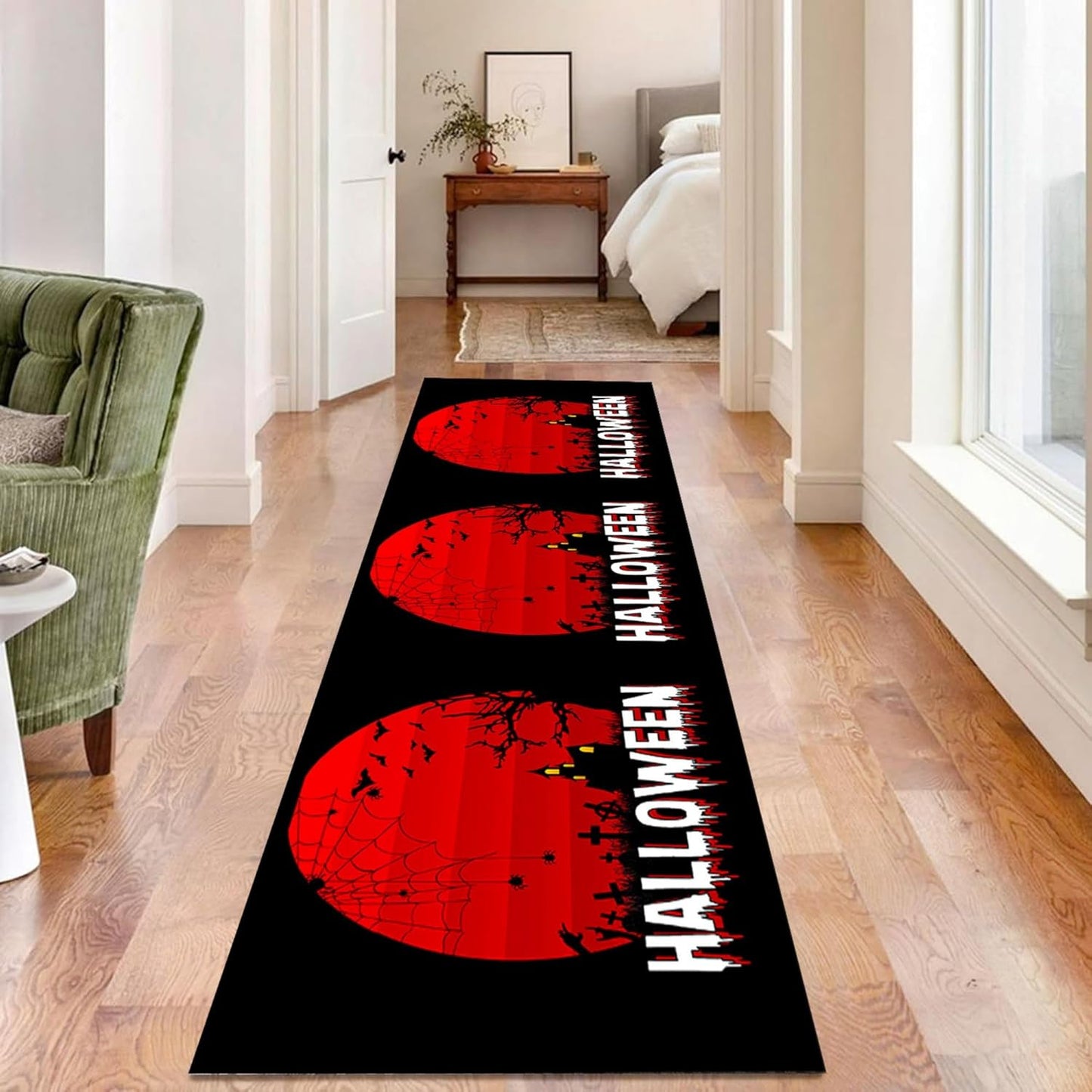 Fouiunle Gothic Skull Runner Rug 4x12ft Non-Slip Beige Skeleton Horror Rug Pumpkin Head Design Kitchen Rug Washable Rubber Backed Rugs Halloween Themed Floor Carpet for Entryway Runner Rug