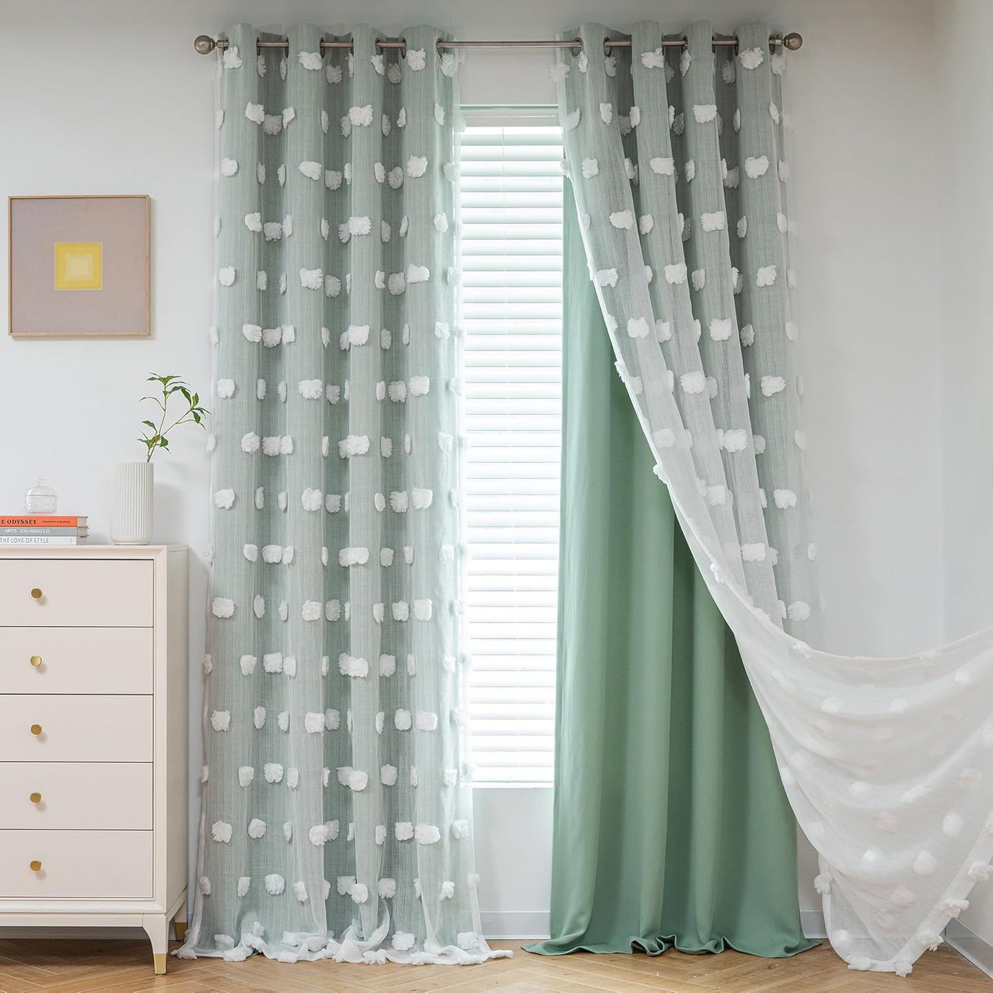 MYSKY HOME Rainbow Curtains for Bedroom 90 Inches Long Living Room Curtains Pom Pom Sheer Curtains for Dining Room Grommet Double Layer Nursery Curtains Toddler Room Darkening Window Panels 52" x 90"