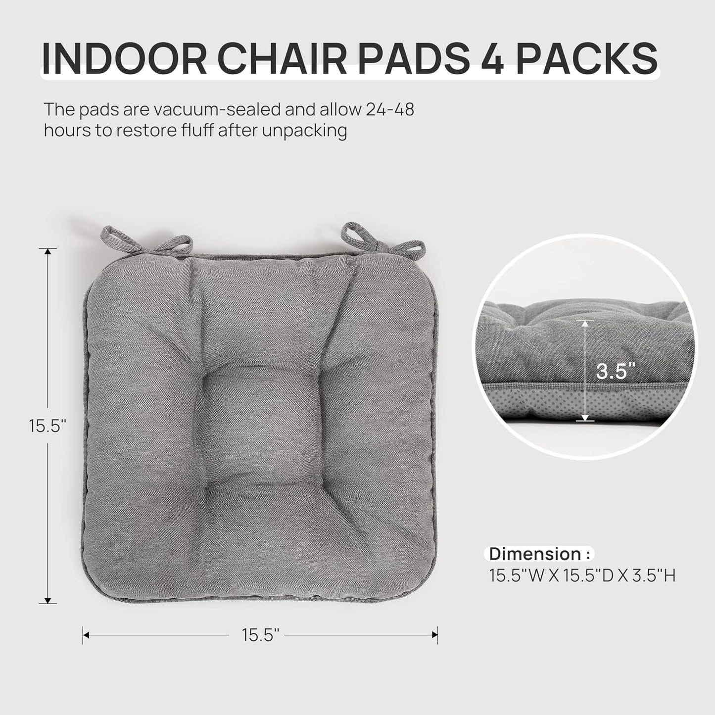 Love's cabin Memory Foam Chair Cushions Set of 4, Outdoor/Indoor Chair Pads for Dining Chairs 4 Pack, Seat Cushions for Kitchen, Dining Room, Office, Patio Chairs, 15.5"x15.5"x3.5" Grey