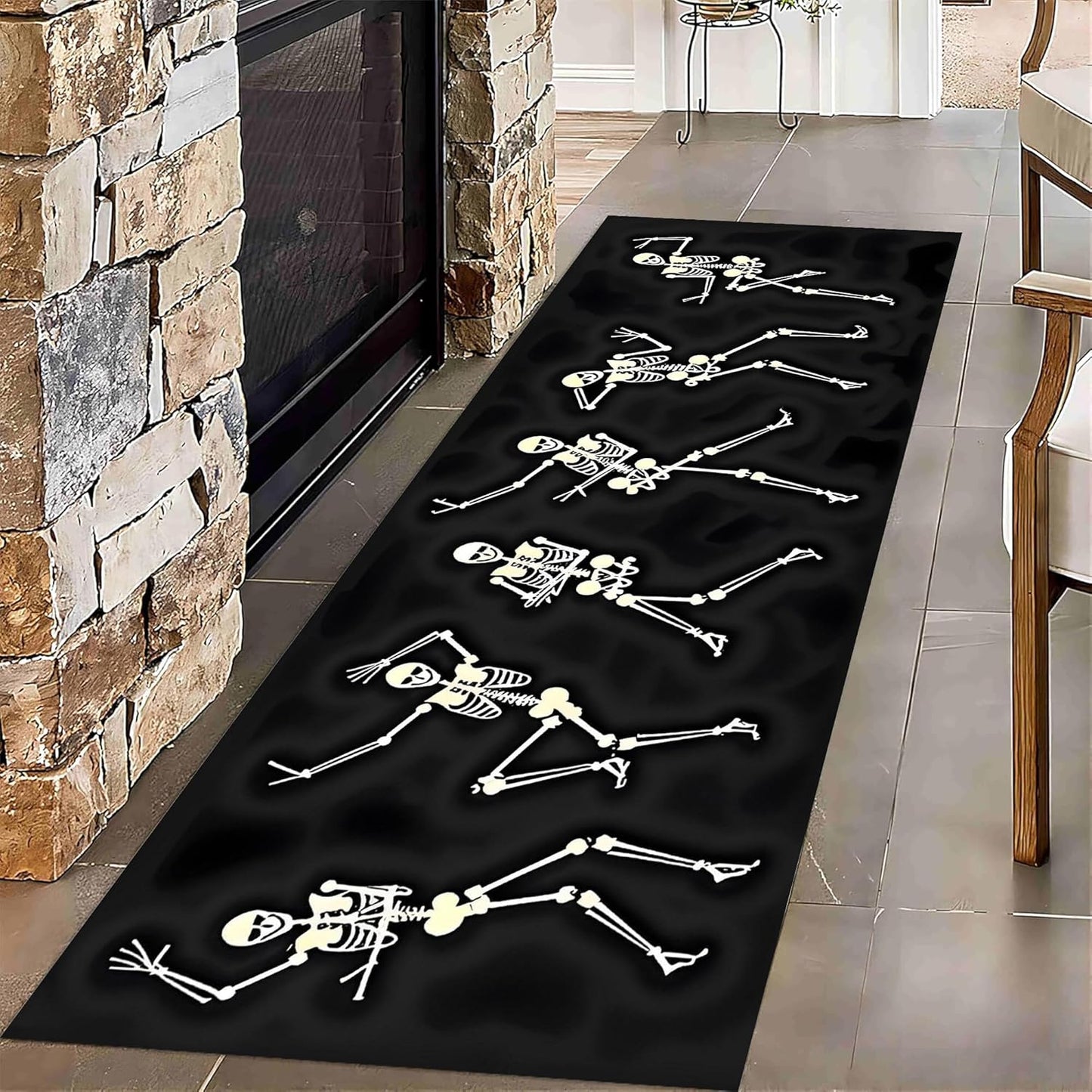 Kitchen Decorative Carpet, 4x12ft Halloween Themed Area Rugs, Black Washable Skull Carpet, Funny Gothic Hallway Non Slip Rug for Living Room Sofa Bedroom Kids Room Horror Floor Mat