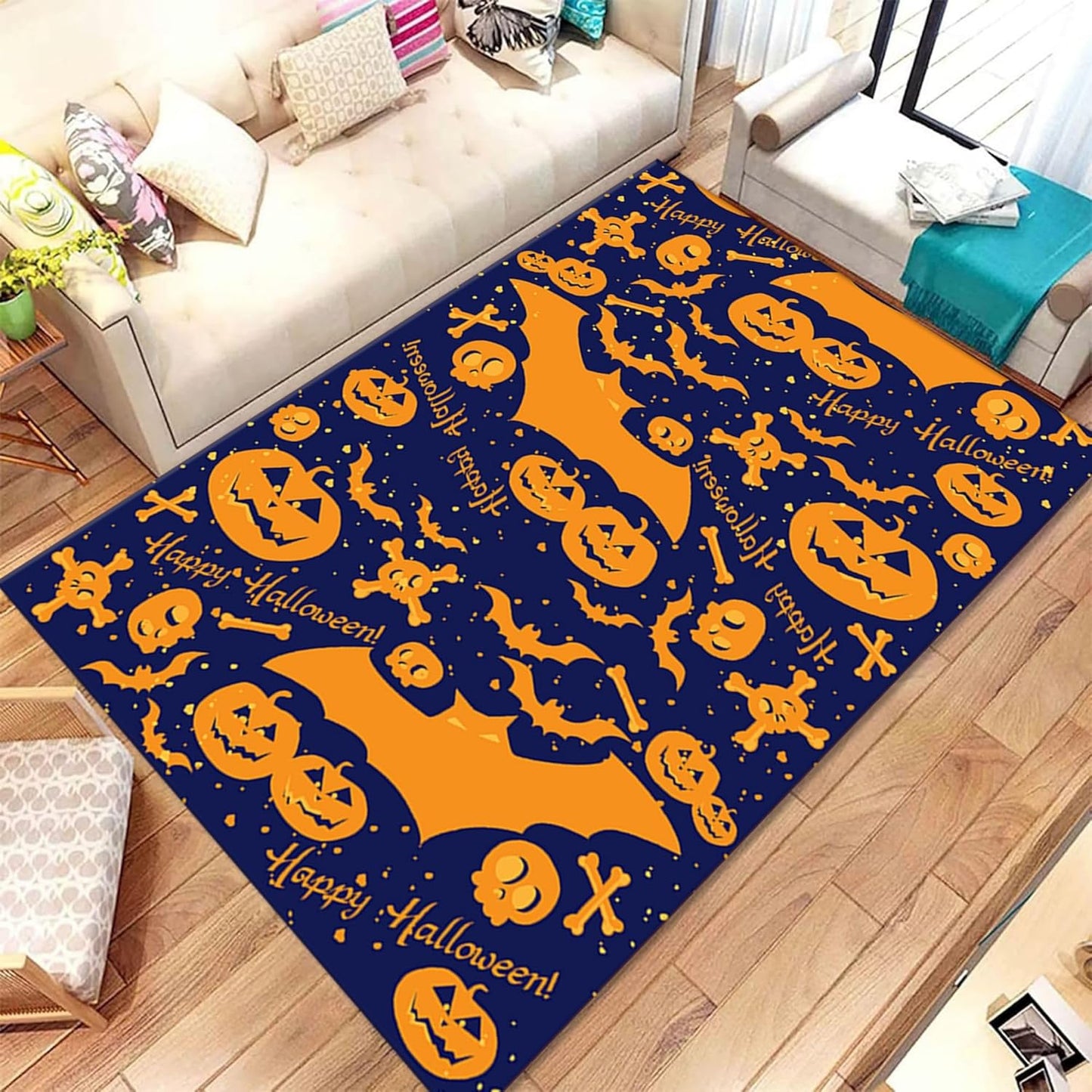 Gothic Skull Area Rug 5x8ft Non-Slip Beige Skeleton Horror Rug Orange Pumpkin Head Unique Rugs Washable Rubber Backed Rugs Halloween Themed Floor Carpet for Living Room Bedroom