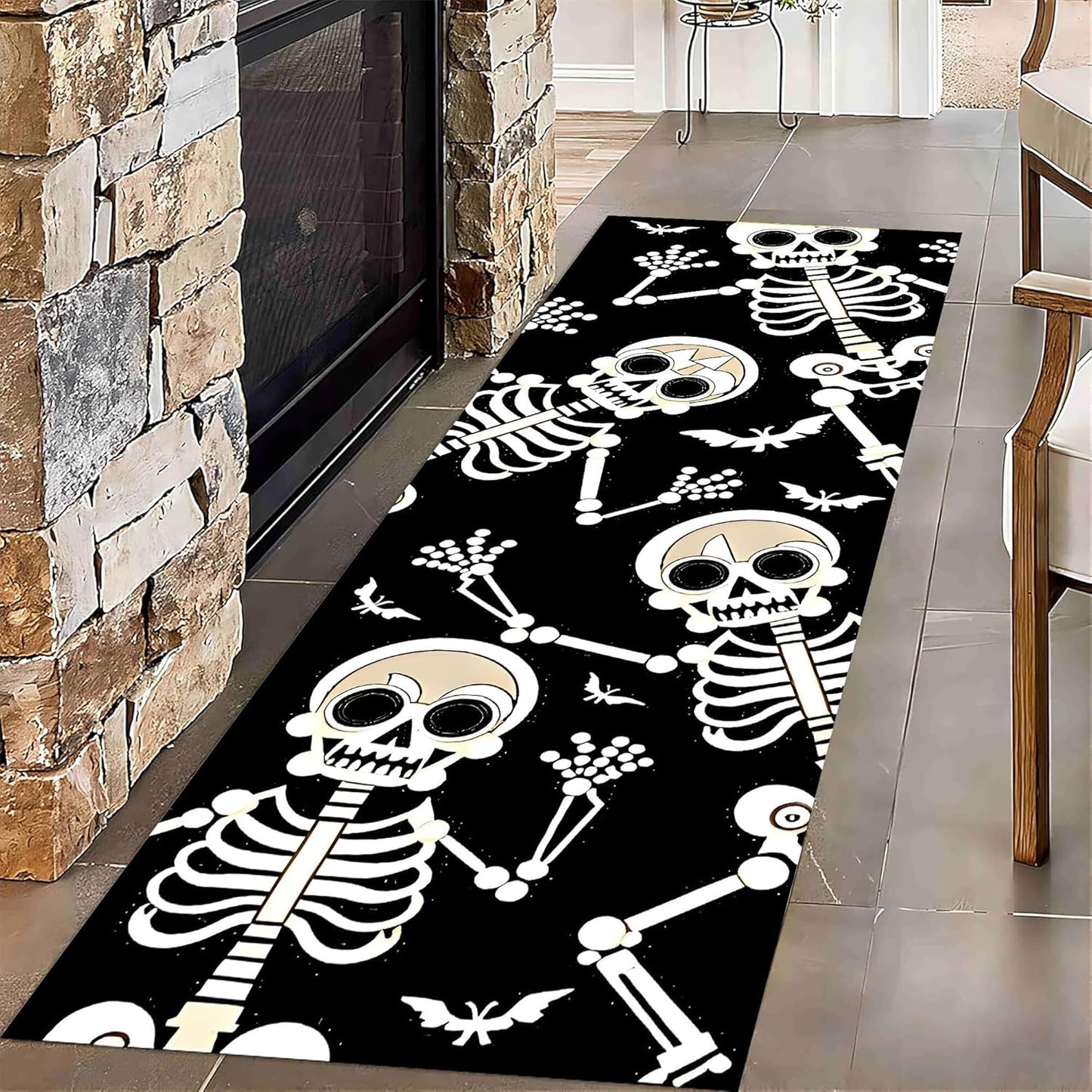 Kitchen Decorative Carpet, 4x12ft Halloween Themed Area Rugs, Black Washable Skull Carpet, Funny Gothic Hallway Non Slip Rug for Living Room Sofa Bedroom Kids Room Horror Floor Mat