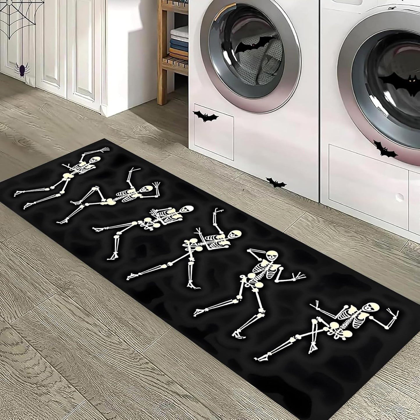 Kitchen Decorative Carpet, 4x12ft Halloween Themed Area Rugs, Black Washable Skull Carpet, Funny Gothic Hallway Non Slip Rug for Living Room Sofa Bedroom Kids Room Horror Floor Mat