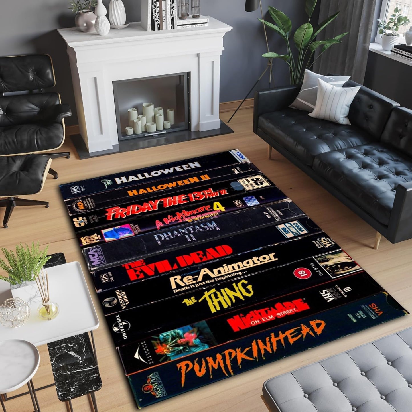 Halloween Movies Rug, VHS Case Themed Horror Movie Room, 80's Nostalgic Design Carpet, Nostalgic Retro Style, Home Theater TV Room, ws322 (39X63inch//100x160Cm)