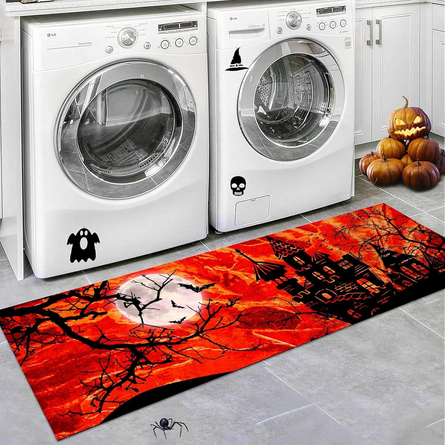 Halloween Hallway Runner Rug, 4x12ft Horror-Themed Gothic Moon, Bats, Red Castle, Witch Area Rugs, Non-Slip, Durable, Easy-to-Clean Long Indoor Entryway Carpet for Living Rooms and Bathrooms