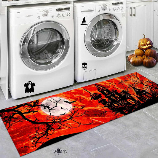 Halloween Hallway Runner Rug, 4x12ft Horror-Themed Gothic Moon, Bats, Red Castle, Witch Area Rugs, Non-Slip, Durable, Easy-to-Clean Long Indoor Entryway Carpet for Living Rooms and Bathrooms