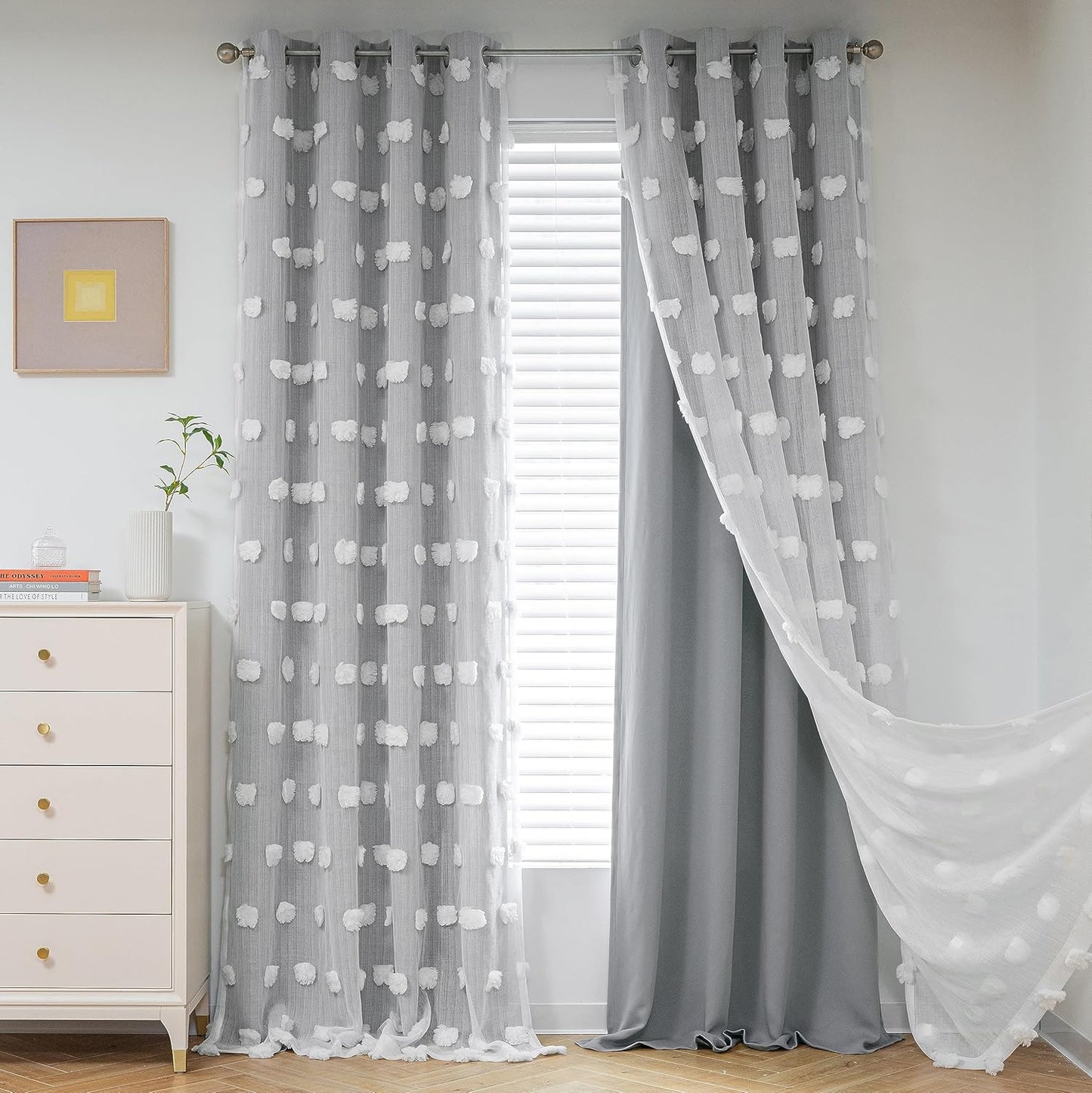 MYSKY HOME Rainbow Curtains for Bedroom 90 Inches Long Living Room Curtains Pom Pom Sheer Curtains for Dining Room Grommet Double Layer Nursery Curtains Toddler Room Darkening Window Panels 52" x 90"